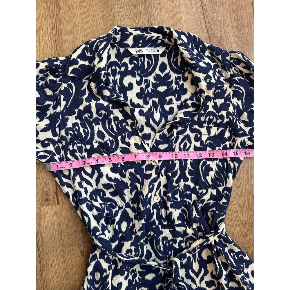 Zara Blue White Damask Printed Midi Maxi Shirt Dress Small Tie Waist Boho Resort - Picture 7 of 8